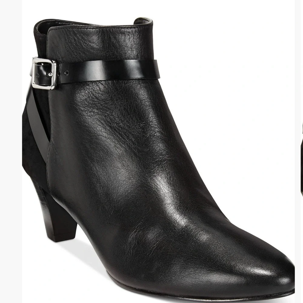 Cole Haan Sylvan Black Leather Suede Ankle Booties w Buckled Belt Hardware